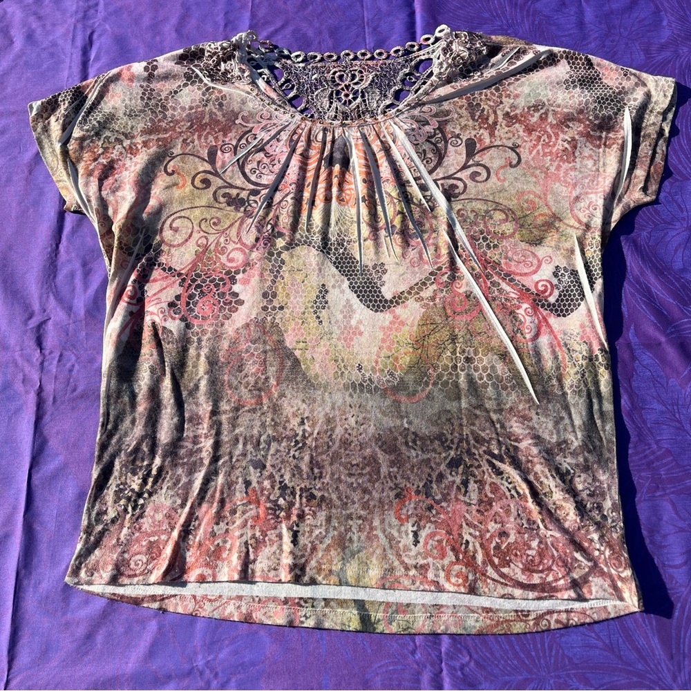Style & Co. Women's Short Sleeve Top - Pink and Brown Pattern
